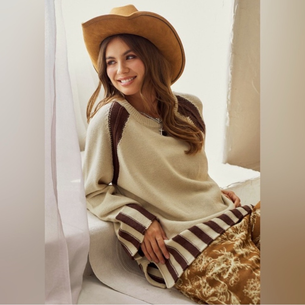 Cream & Brown Striped Relaxed Fit Knit Sweater Western Boho Cozy Knit - Picture 6 of 6